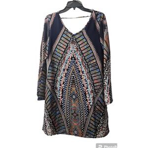 Pink Owl Bohemian Print Dress V Neck Long Sleeve Casual Mini Dress‎ L